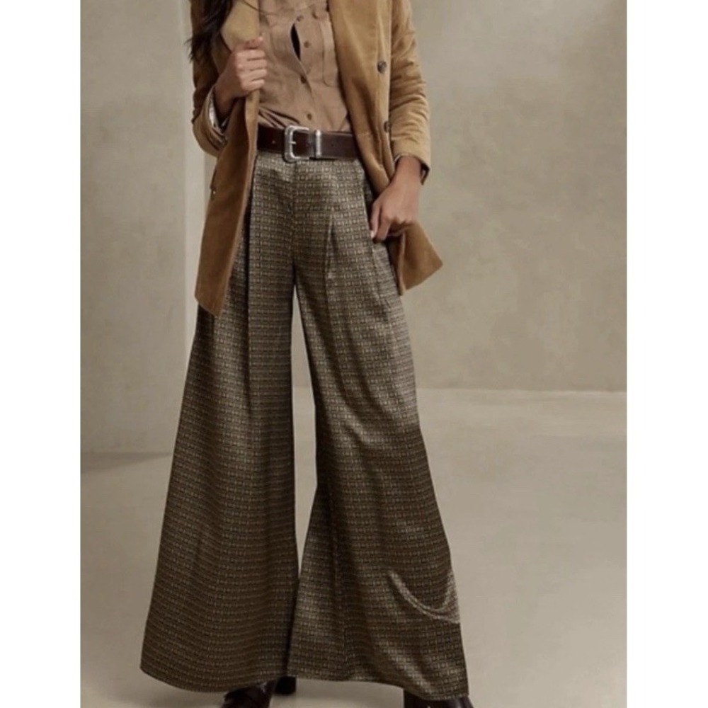Banana Republic 100% Silk WideLeg Pants Cream/Brown/Blue Geometric Print  NWT 8